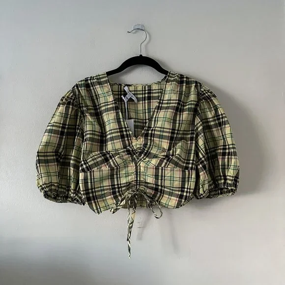 Derek Lam 10 Crosby Bella Crop Top Yellow Plaid Womens Size 6 - Picture 3 of 10